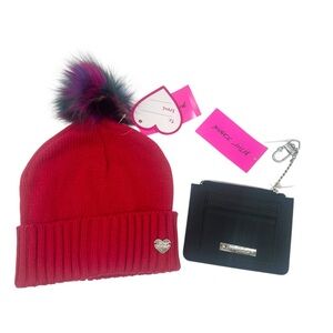 Betsey Johnson Black Wallet with Key Chain & Red Winter Knit Hat with Pom